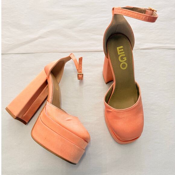 EGO | Happer Close Toe Statement Platform Block Heel Nude Peach Satin US 6‎ UK 4 - Picture 1 of 5